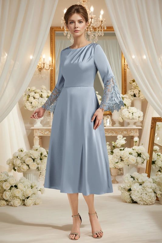 Light blue satin A-line midi dress with long lace cuffs and draped neckline