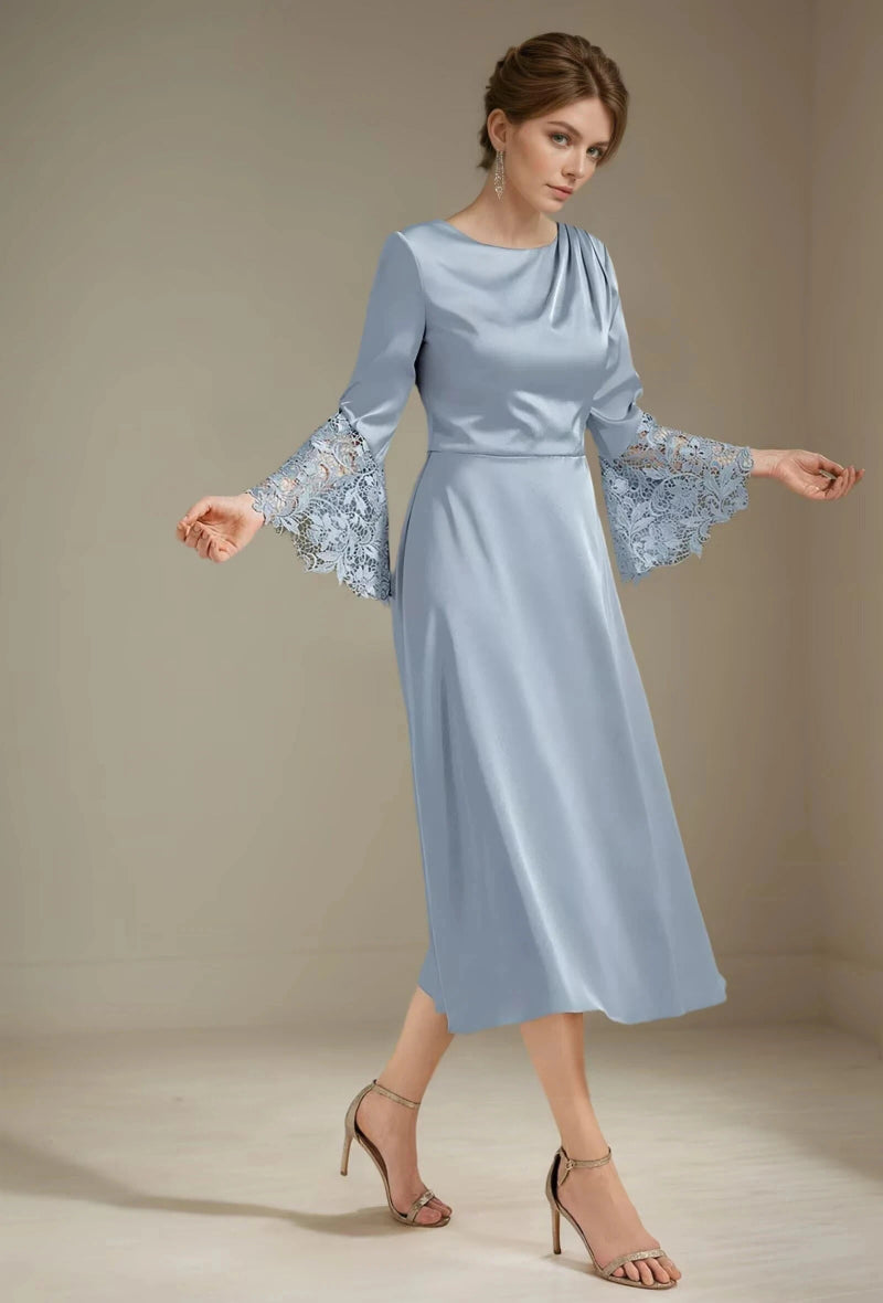 Light blue satin A-line midi dress with long lace sleeves and side slit hem