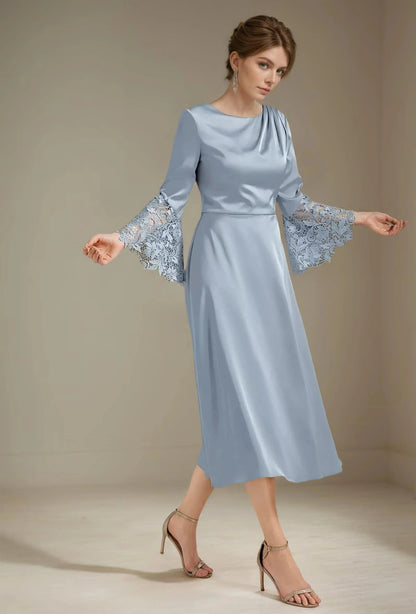 Light blue satin A-line midi dress with long lace sleeves and side slit hem