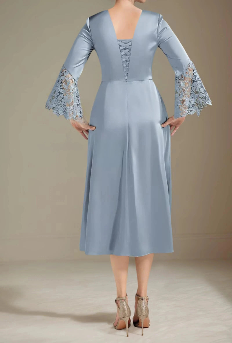 Light blue satin A-line midi dress with lace sleeves and corset-style lace-up panel