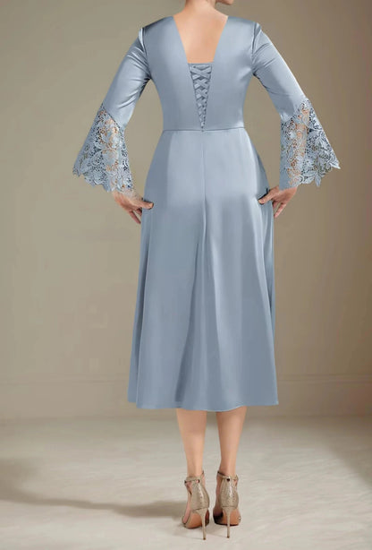 Light blue satin A-line midi dress with lace sleeves and corset-style lace-up panel