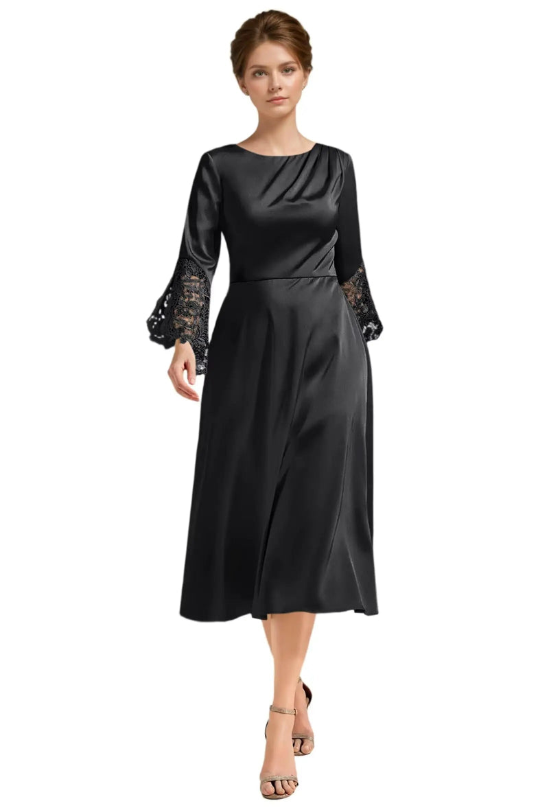 Black satin A-line midi dress with long lace sleeves and scoop neckline
