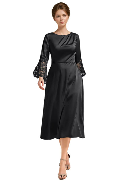 Black satin A-line midi dress with long lace sleeves and scoop neckline