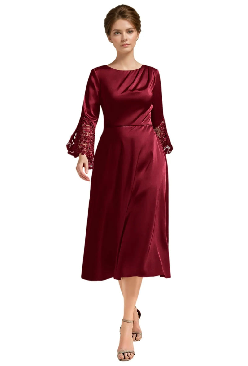 Burgundy A-line satin midi dress with long lace sleeves and scoop neckline