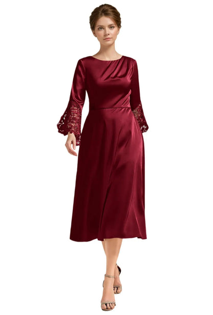Burgundy A-line satin midi dress with long lace sleeves and scoop neckline