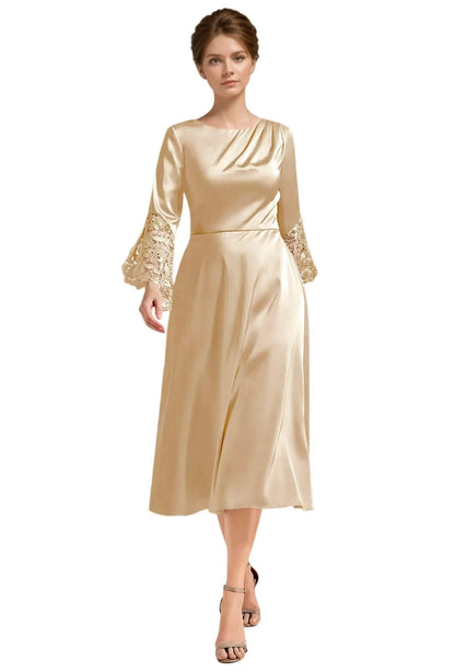 Champagne satin A-line midi dress with long lace sleeves and draped neckline