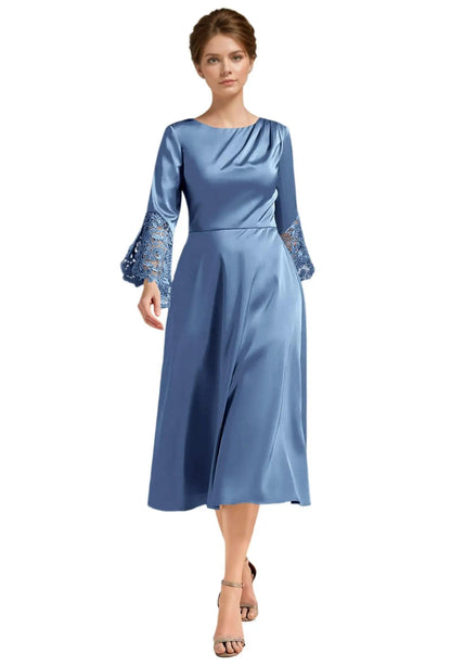 Light blue A-line satin midi dress with long lace sleeves and scoop neckline