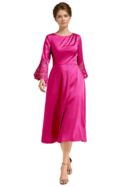 Fuchsia A-line satin midi dress with long lace sleeves and scoop neckline