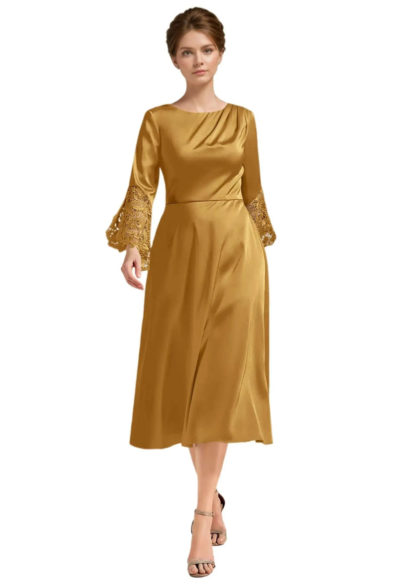Gold satin A-line midi dress with long lace sleeves and draped scoop neckline