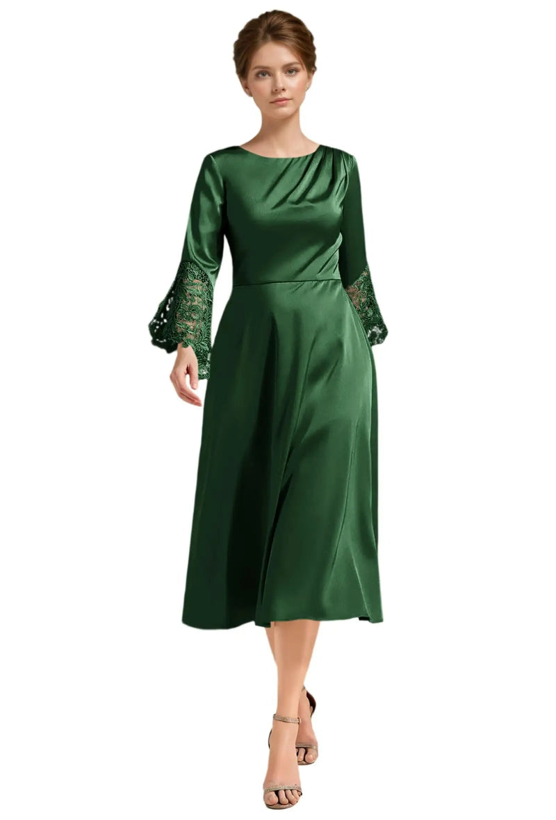 Green satin A-line midi dress with long lace sleeves and draped neckline