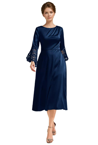 Navy blue satin A-line midi dress with long lace sleeves and scoop neckline