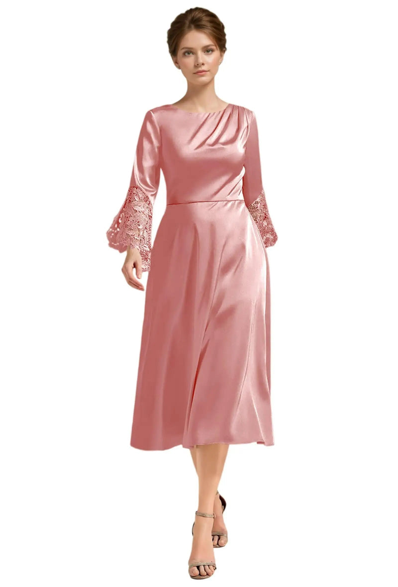 Dusty pink A-line satin midi dress with long lace sleeves and scoop neckline