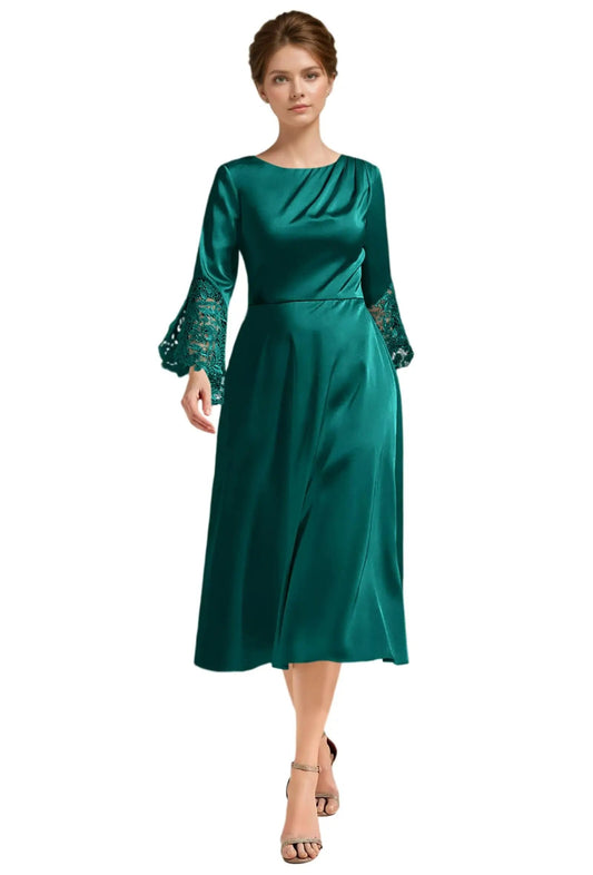 Teal satin A-line midi dress with long lace sleeves and scoop neckline
