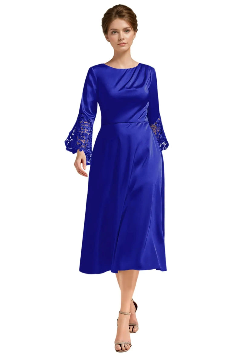Blue A-line satin midi dress with long lace sleeves and scoop neckline