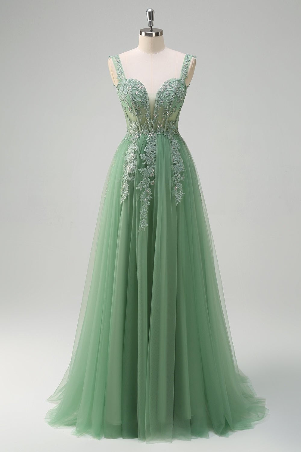 Green A-line lace tulle dress with V-neck bodice and embroidered lace accents
