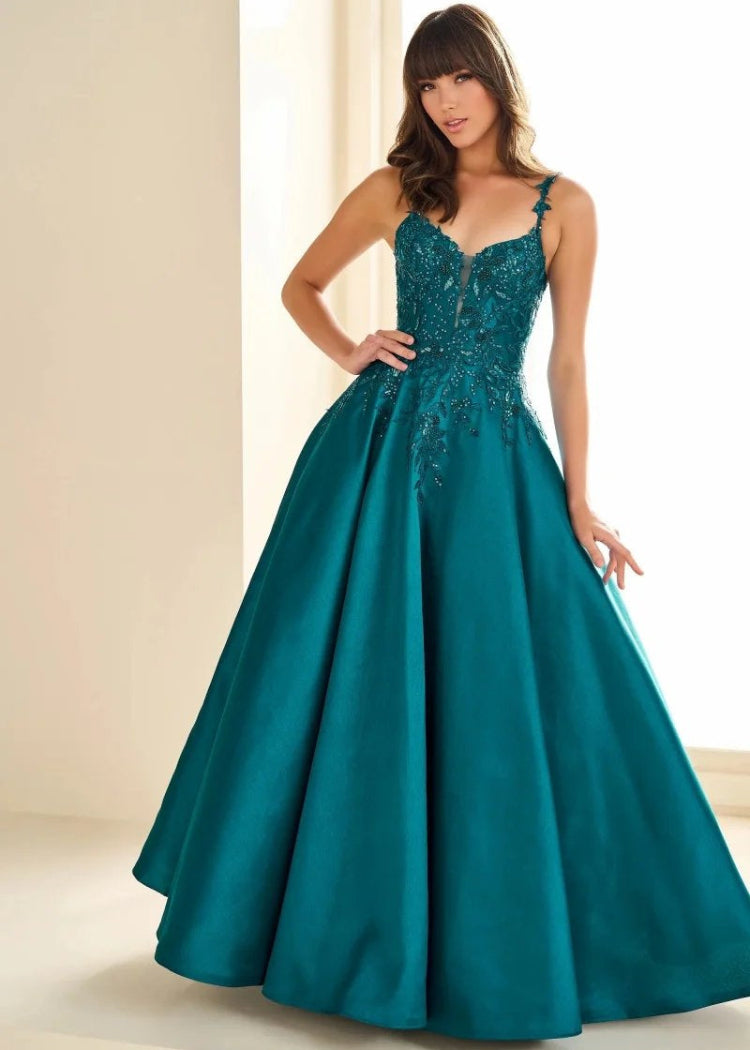 custom colours and sizes satin v-neckline bodice with beaded lace applique, spaghetti straps a-line design floor length formal dress-formal elegance