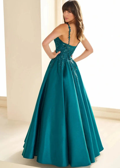 Satin and lace formal dress with spaghetti straps sizes 2-26w-formal elegance