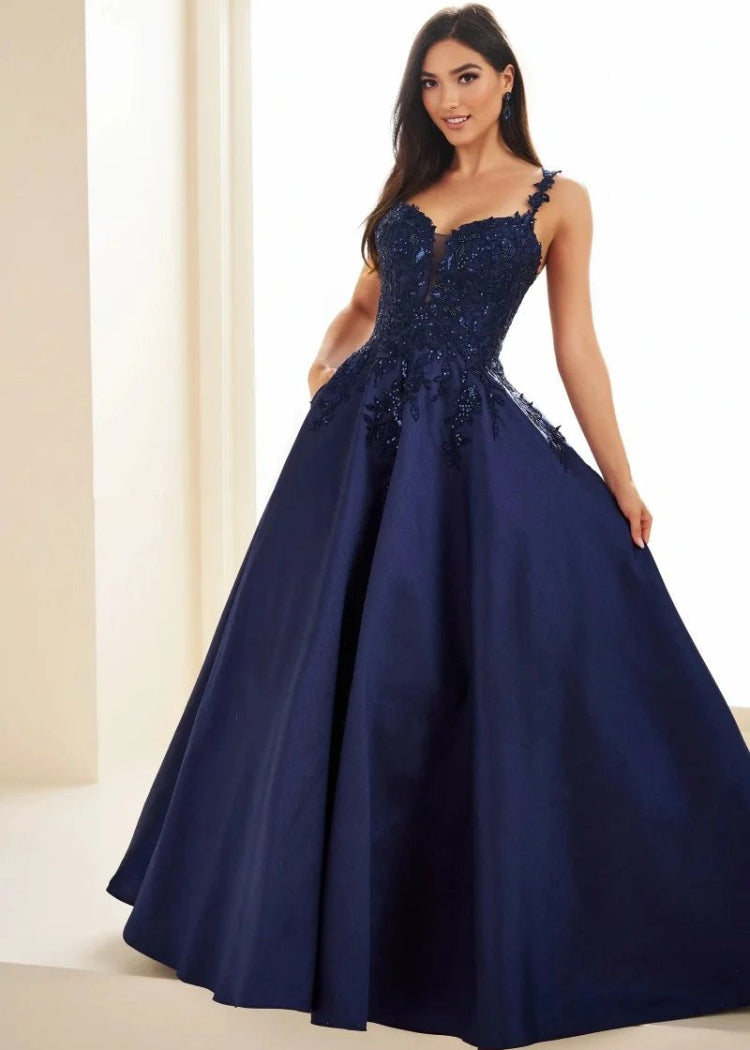A-line navy satin spaghetti straps with beaded bodice formal dress in custom colours and sizes-formal elegance