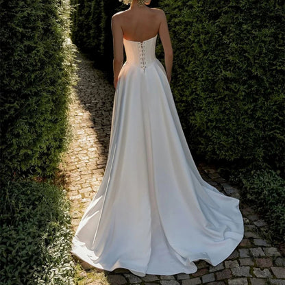 A-Line Strapless Lace Up Back Satin Wedding Dress