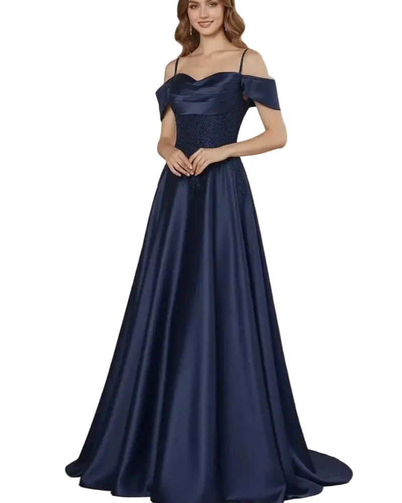 Navy satin A-line floor-length dress with beaded bodice, spaghetti straps, off-shoulder