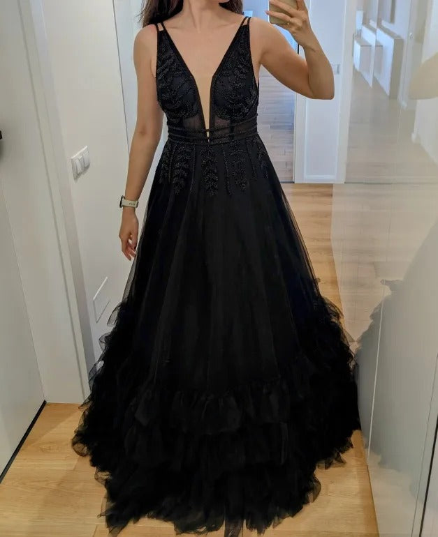 Black Tulle Beaded Ruffles Sequin A-Line Evening  Formal Dress