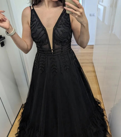 Black Tulle Beaded Ruffles Sequin A-Line Evening  Formal Dress