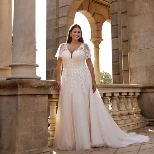 Lace Plus Size Wedding Dress V Neck Bridal Gown