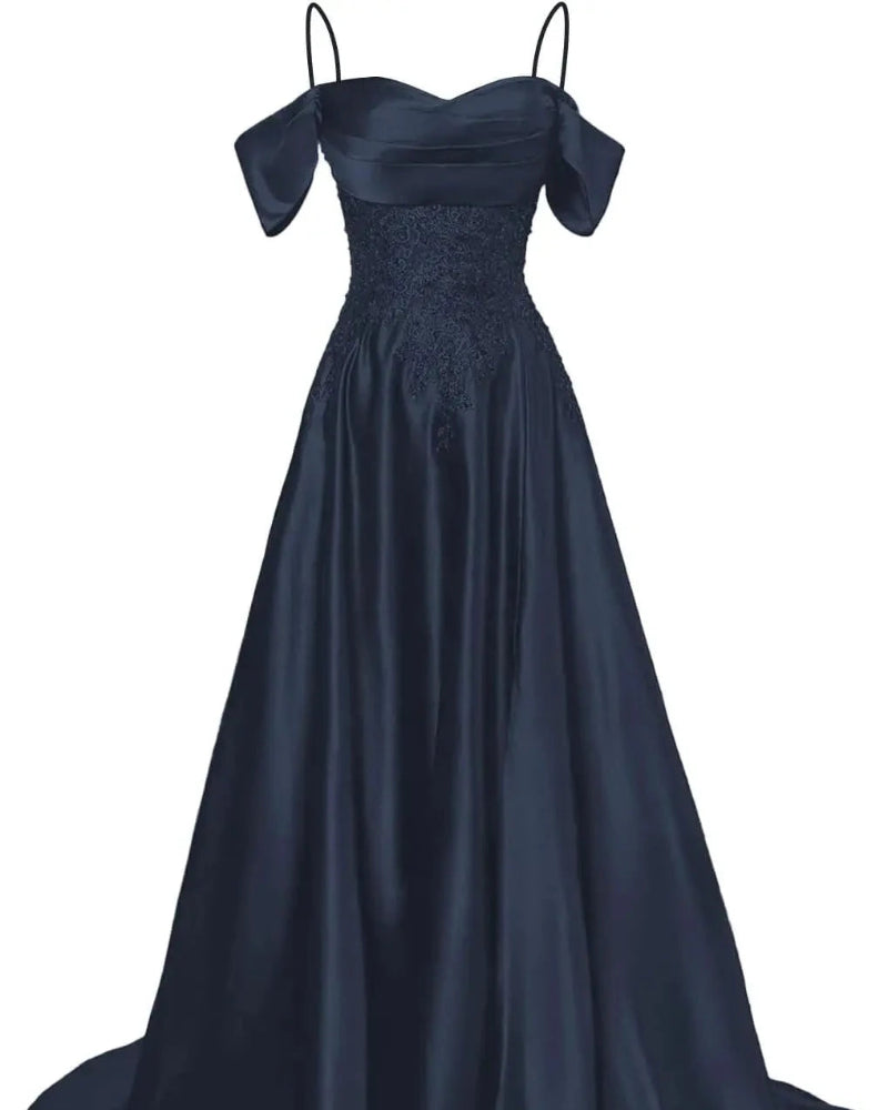 Navy A-line satin dress with beaded bodice, sweetheart neckline, draped cap sleeves