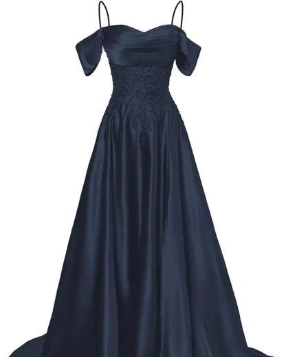 Navy A-line satin dress with beaded bodice, sweetheart neckline, draped cap sleeves