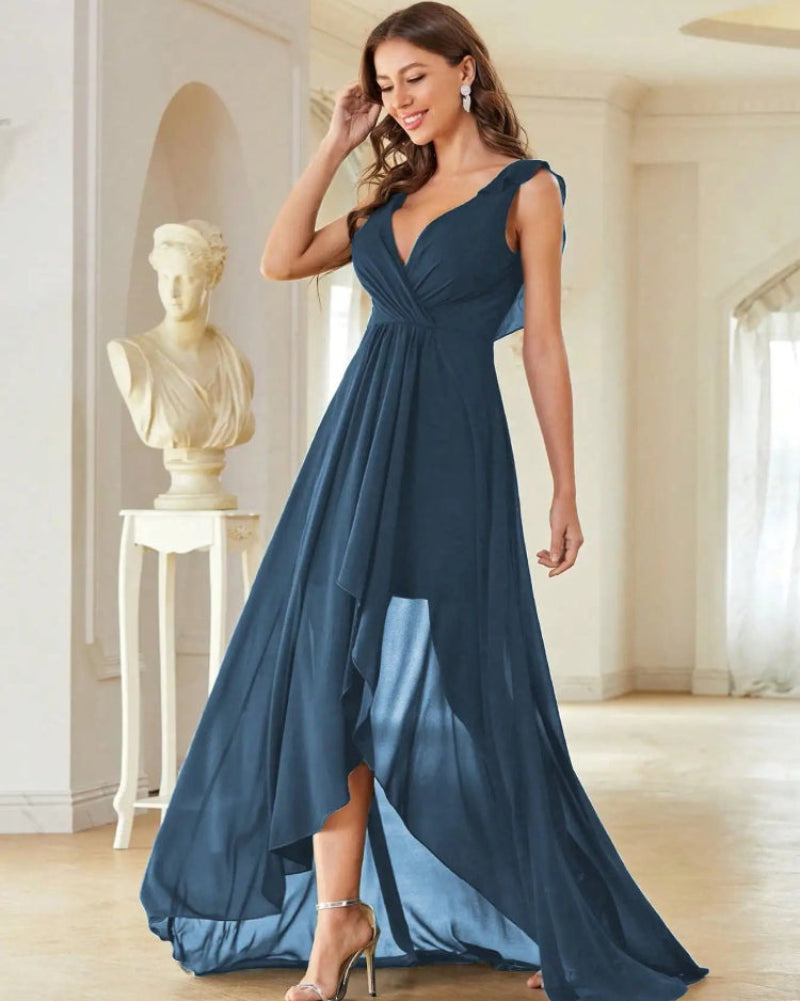 Sleeveless A-line high-low chiffon dress with V-neck, flowing draped hem