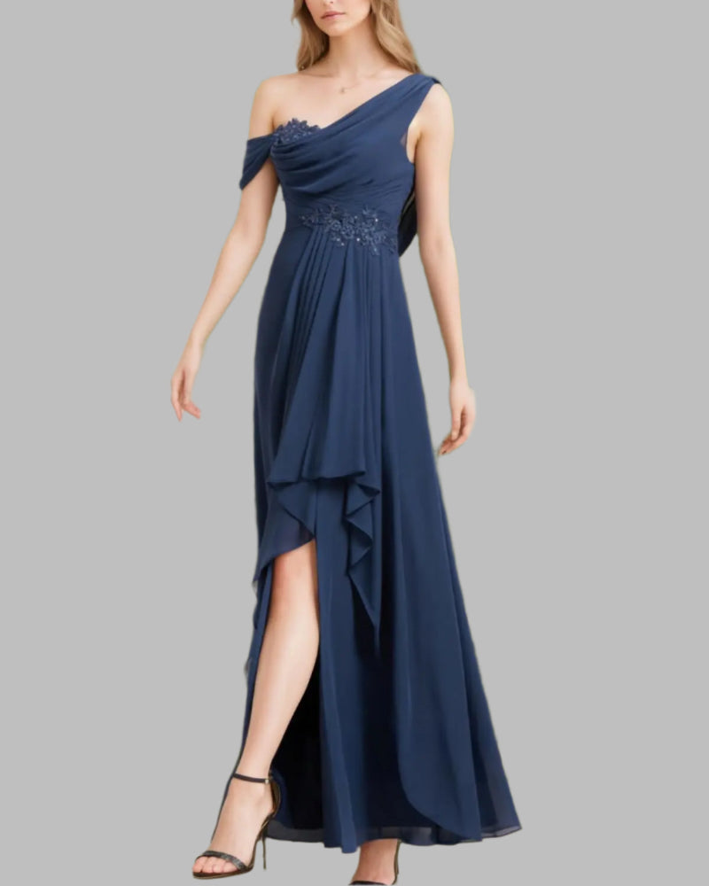 Navy one-shoulder chiffon A-line dress with slit-style asymmetrical ruffle overlay at hem
