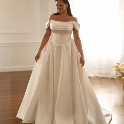 Ivory satin A-line wedding dress, off-shoulder neckline with pleated bodice and skirt