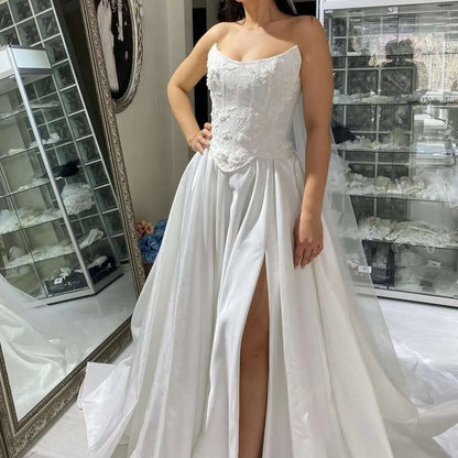 A Line Satin Beaded Lace Custom Bridal Dress