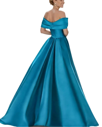 Off-shoulder satin A-line formal dress in bright aqua, front bow detail