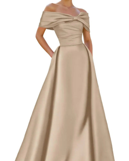 Off-shoulder satin A-line formal dress in champagne beige, front bow detail