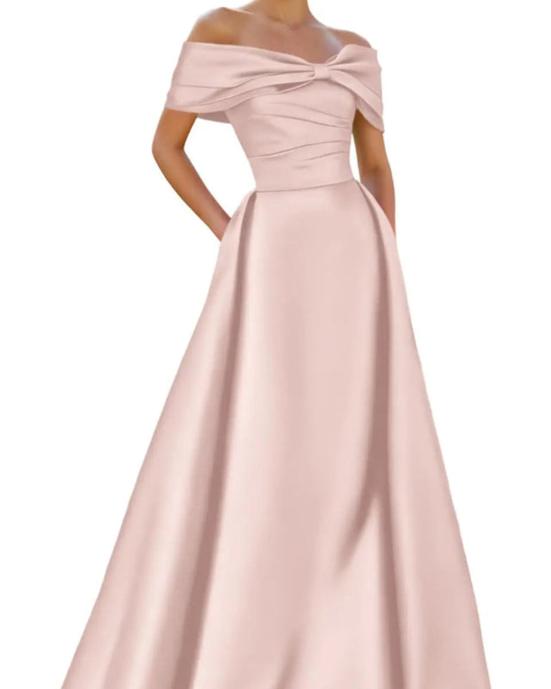 Off-shoulder satin A-line formal dress in pale pink, front bow detail