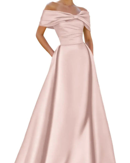 Off-shoulder satin A-line formal dress in pale pink, front bow detail