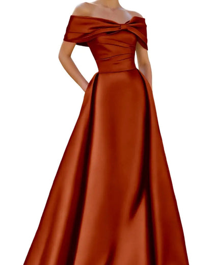Burnt orange satin off-shoulder A-line evening dress with neckline bow