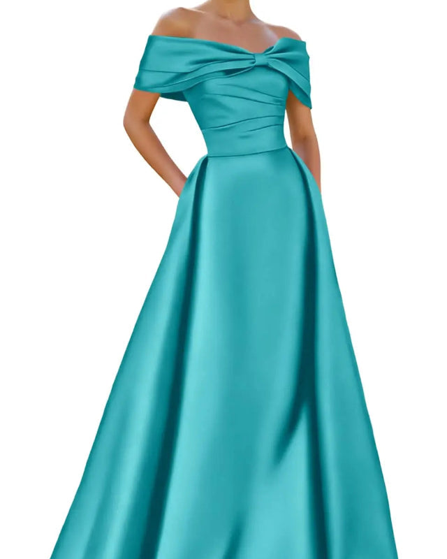 Aqua satin off-shoulder A-line evening dress with neckline bow