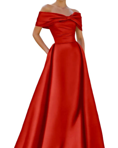 Red satin off-shoulder A-line evening dress with neckline bow