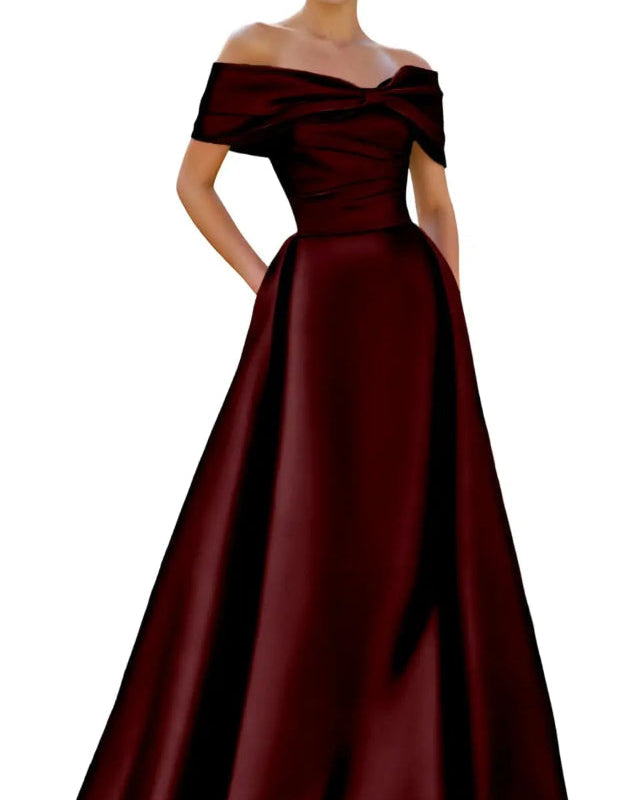 Burgundy satin off-shoulder A-line evening dress with neckline bow