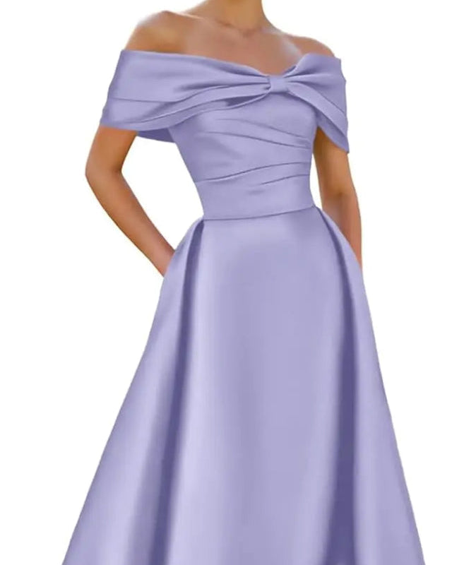 Lavender satin off-shoulder A-line evening dress with neckline bow