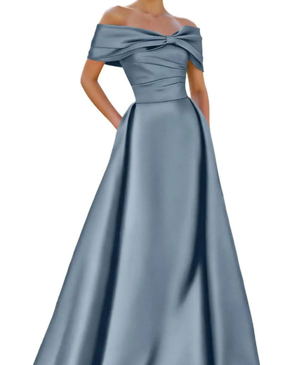 Dusty blue satin off-shoulder A-line evening dress with neckline bow