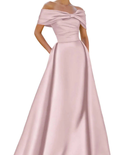 Dusty rose satin off-shoulder A-line evening dress with neckline bow