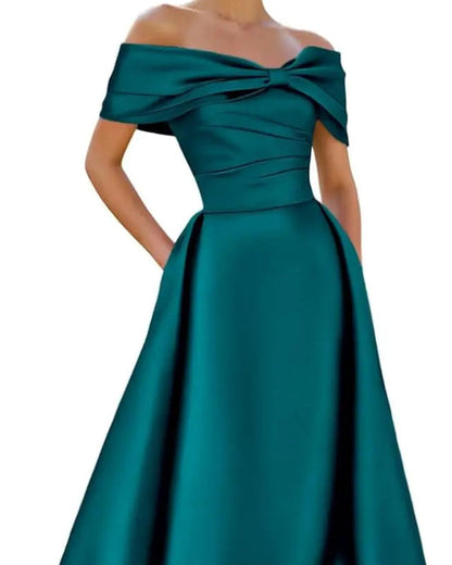 Teal A-line satin off-shoulder formal evening dress with twisted bow neckline