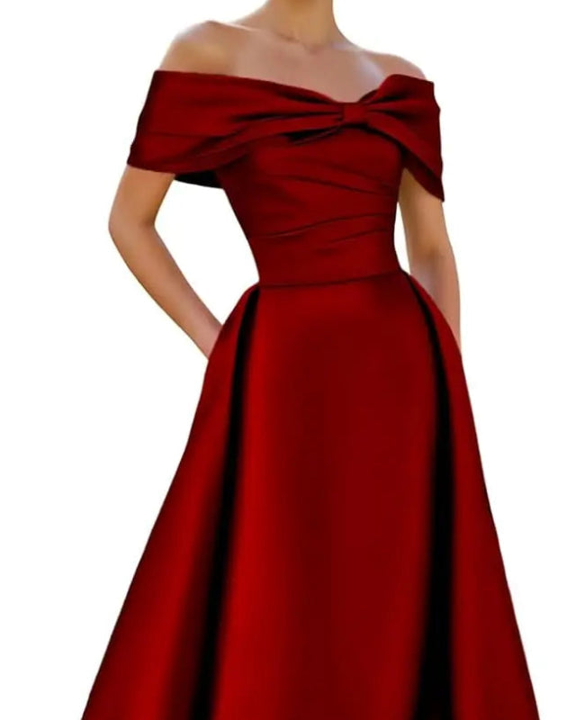 Deep red satin off-shoulder A-line evening dress with neckline bow