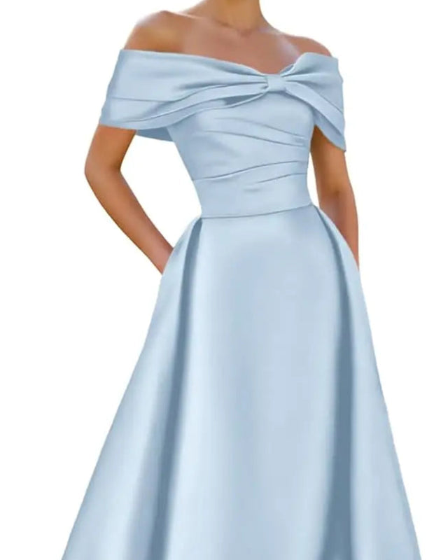 Light blue satin off-shoulder A-line evening dress with neckline bow
