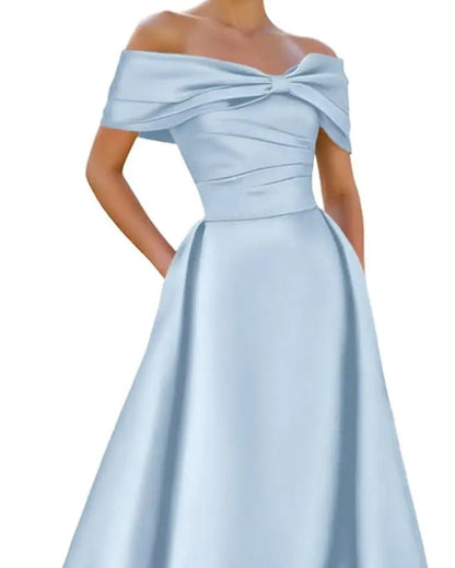 Light blue satin off-shoulder A-line evening dress with neckline bow