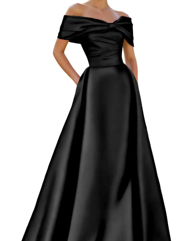 Black A-line satin off-shoulder formal evening dress with draped bow at neckline