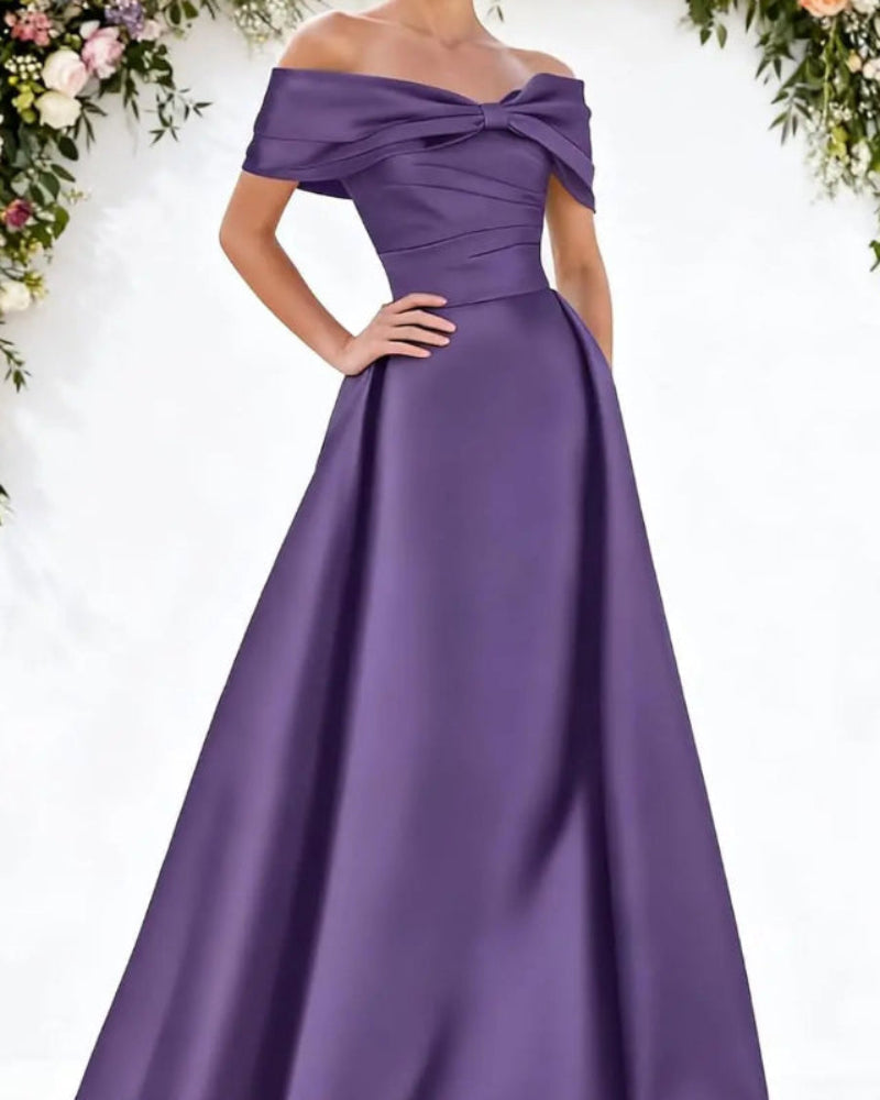 Off-shoulder satin A-line formal dress in dusty purple, front bow detail